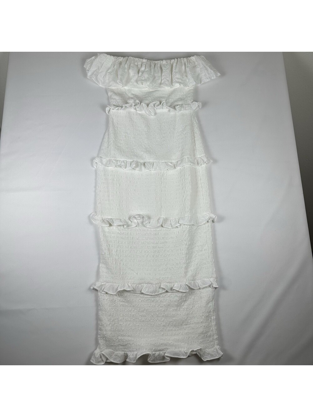 Lulus Womens Size S White Tiered Ruffle Off Shoulder Mini Dress Textured